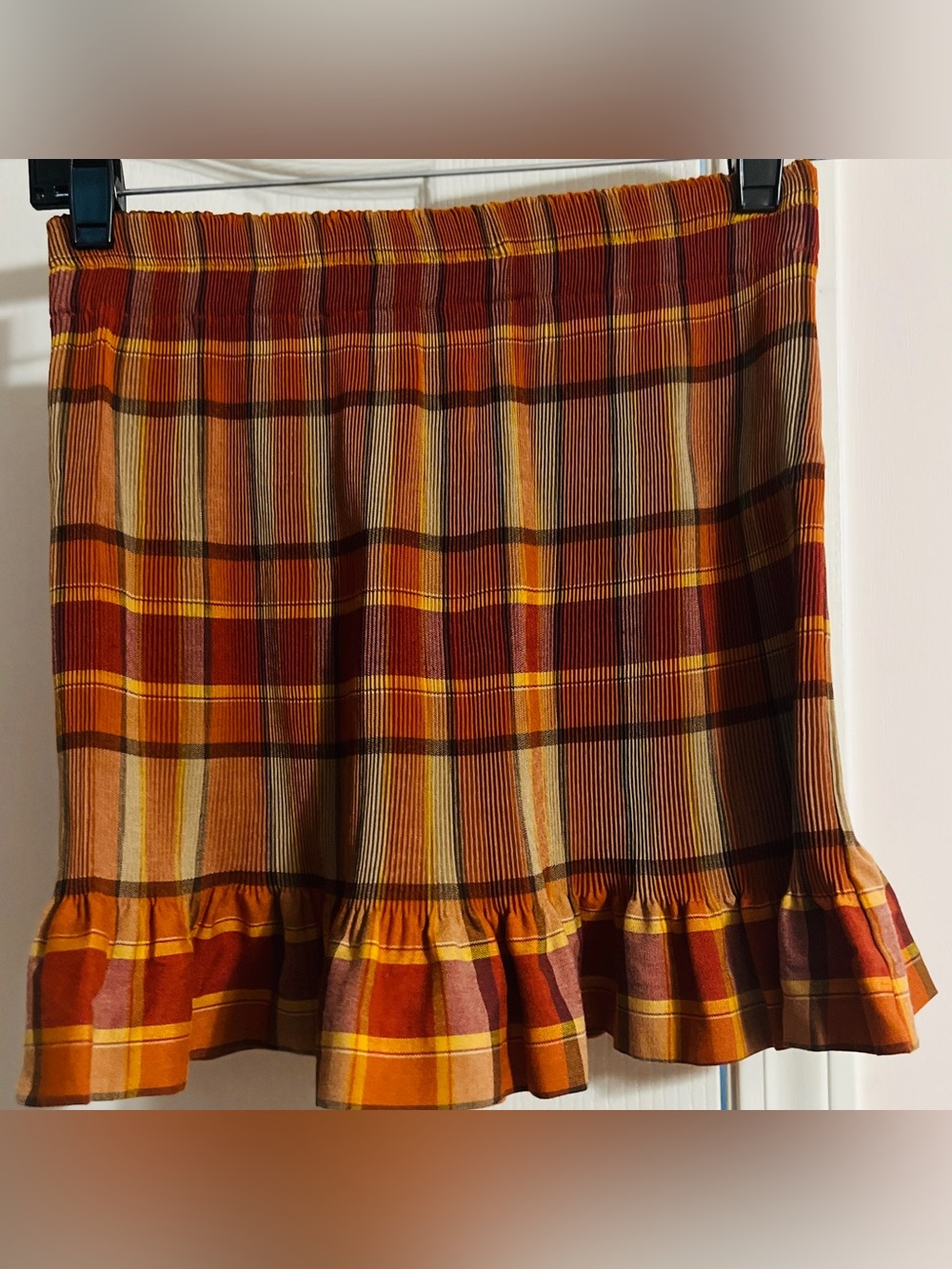 le chateau Plaid Ruffle-Hem Skater Skirt in Rust, Mustard and Brown